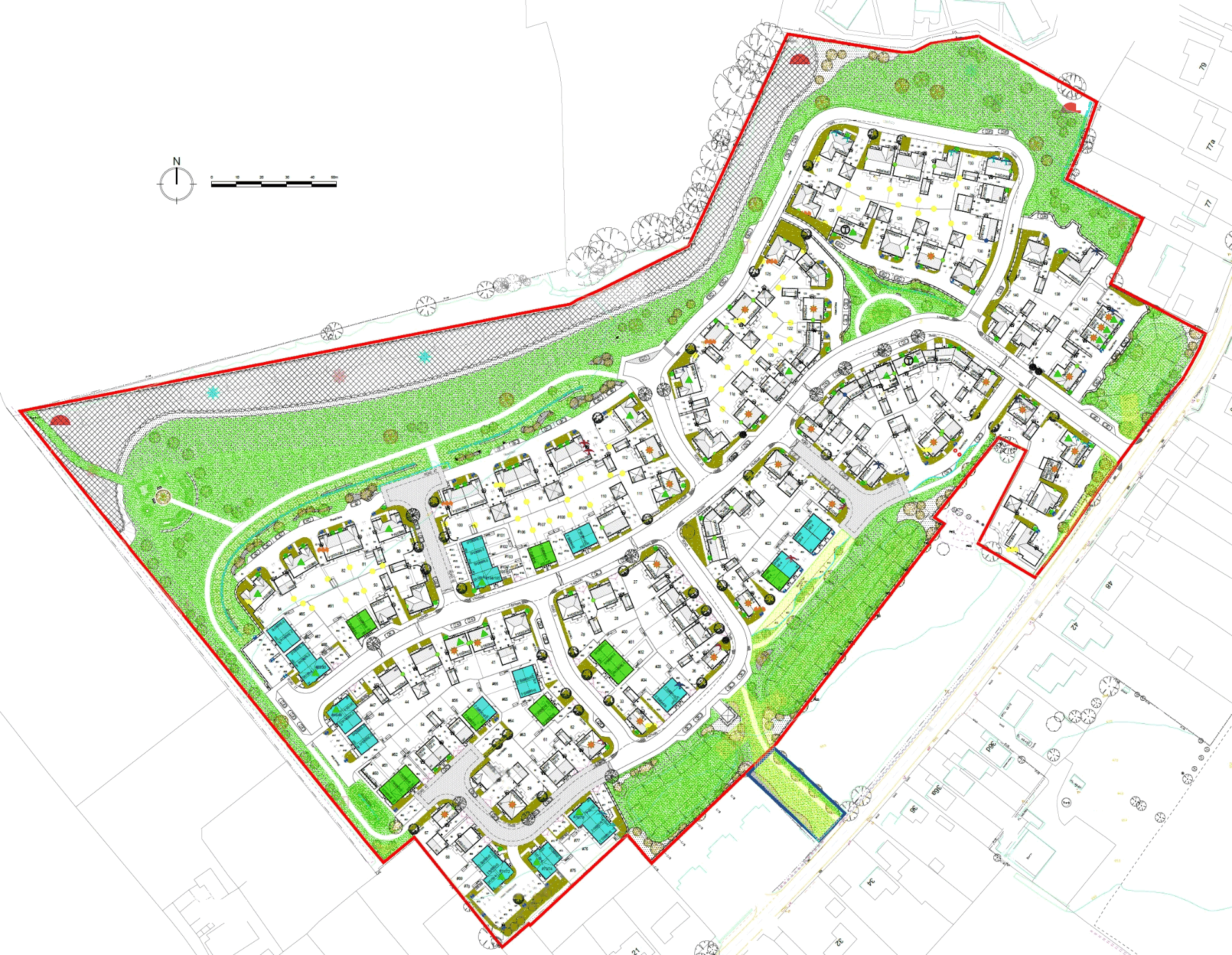 Site plan of a residential development showing SuDS ponds, landscaping and the site boundary