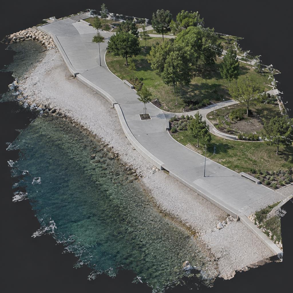 Illustrative three-dimensional survey view of a public coastal promenade